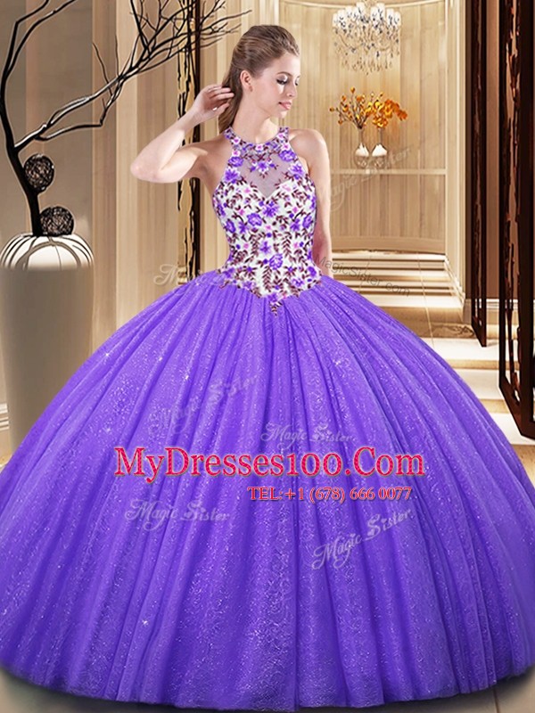 Sumptuous Scoop Sequins Lavender Sleeveless Tulle Backless Sweet 16 Quinceanera Dress for Military Ball and Sweet 16 and Quinceanera