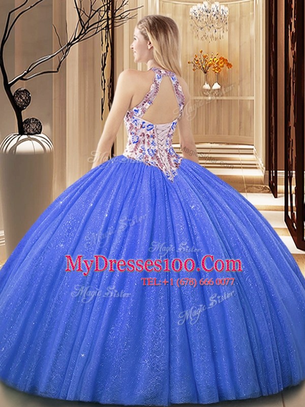 Sumptuous Scoop Sequins Lavender Sleeveless Tulle Backless Sweet 16 Quinceanera Dress for Military Ball and Sweet 16 and Quinceanera