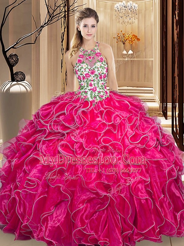 Floor Length Hot Pink Quince Ball Gowns Scoop Sleeveless Backless