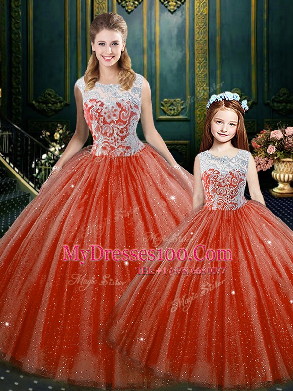 Orange Red High-neck Neckline Lace Quinceanera Gowns Sleeveless Zipper