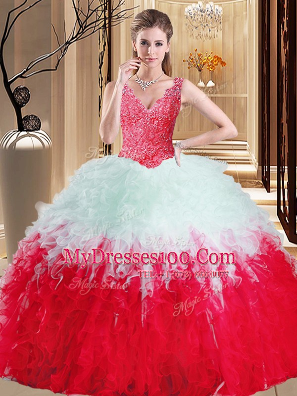 Eye-catching White And Red Zipper V-neck Lace and Appliques and Ruffles Vestidos de Quinceanera Tulle Sleeveless
