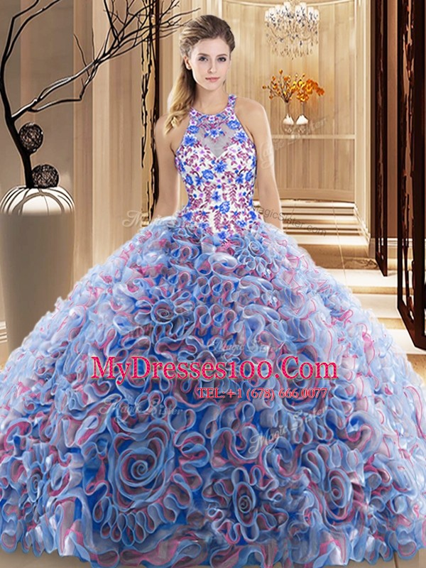 Super Brush Train Ball Gowns Vestidos de Quinceanera Multi-color High-neck Fabric With Rolling Flowers Sleeveless Criss Cross