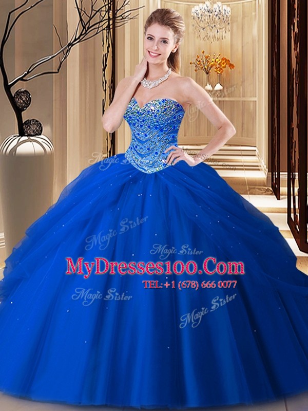 Royal Blue Sweetheart Neckline Beading Quince Ball Gowns Sleeveless Lace Up