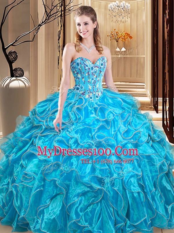 Floor Length Teal Vestidos de Quinceanera Sweetheart Sleeveless Lace Up