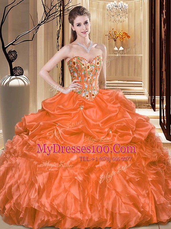 Orange Ball Gowns Sweetheart Sleeveless Organza Floor Length Lace Up Embroidery and Ruffles Quinceanera Dresses