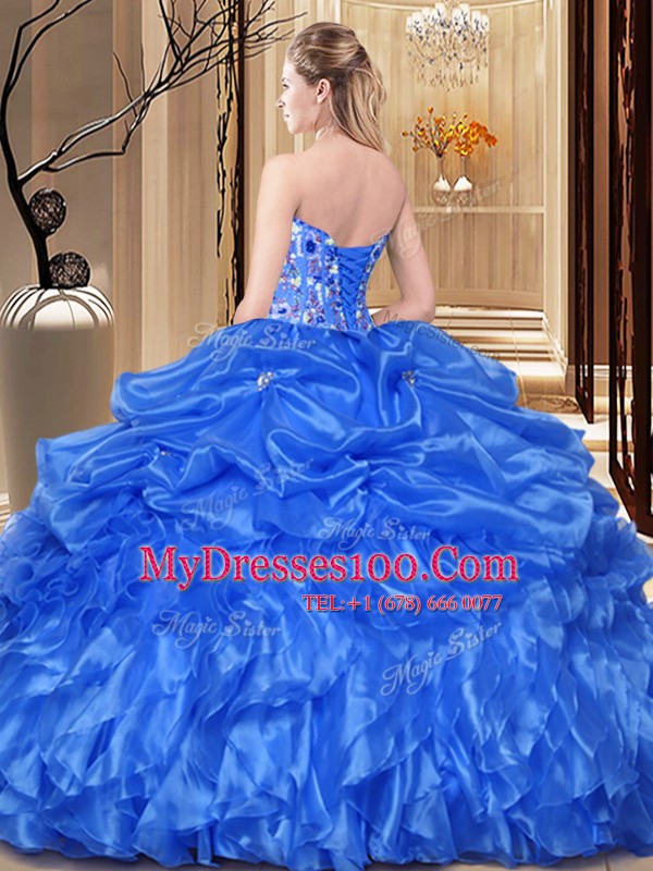 Orange Ball Gowns Sweetheart Sleeveless Organza Floor Length Lace Up Embroidery and Ruffles Quinceanera Dresses