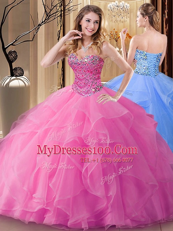 Hot Selling Rose Pink Ball Gowns Tulle Sweetheart Sleeveless Beading Floor Length Lace Up Sweet 16 Dress