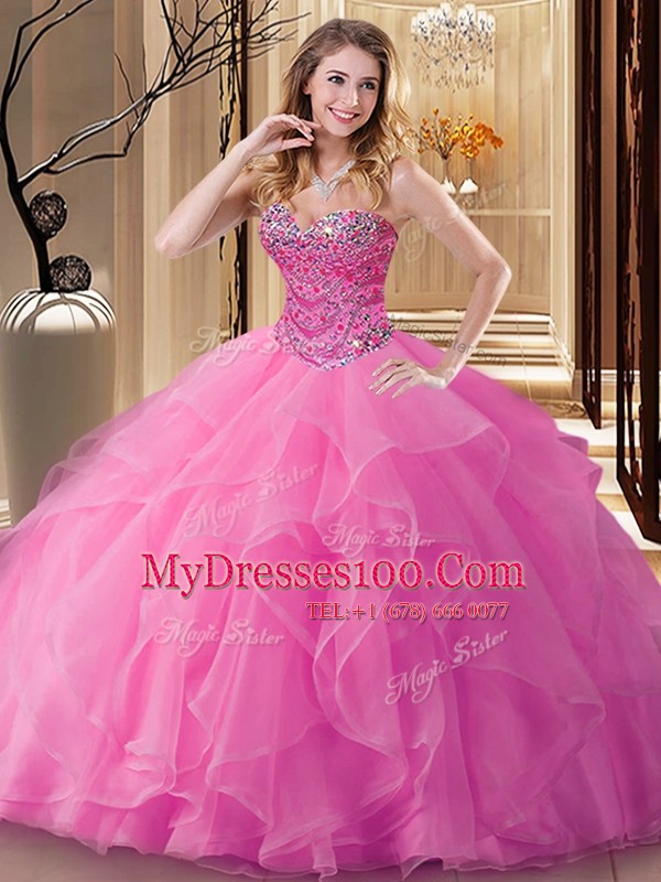 Hot Selling Rose Pink Ball Gowns Tulle Sweetheart Sleeveless Beading Floor Length Lace Up Sweet 16 Dress
