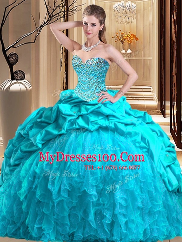 Aqua Blue Ball Gowns Sweetheart Sleeveless Taffeta and Tulle Brush Train Lace Up Beading and Ruffles Sweet 16 Quinceanera Dress