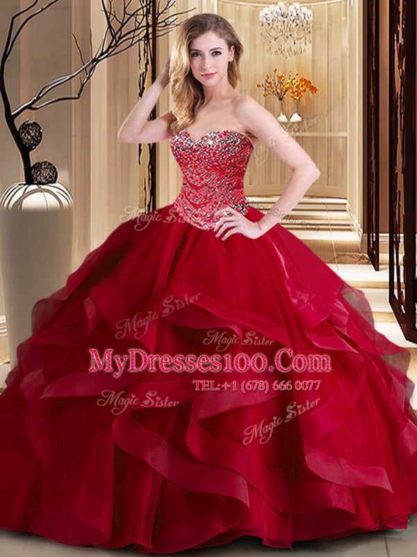 Excellent Ball Gowns Sweet 16 Dress Wine Red Sweetheart Tulle Sleeveless Floor Length Lace Up