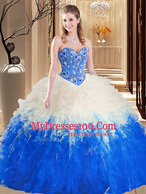 Fantastic Blue And White Sleeveless Embroidery and Ruffles Floor Length Quinceanera Dresses