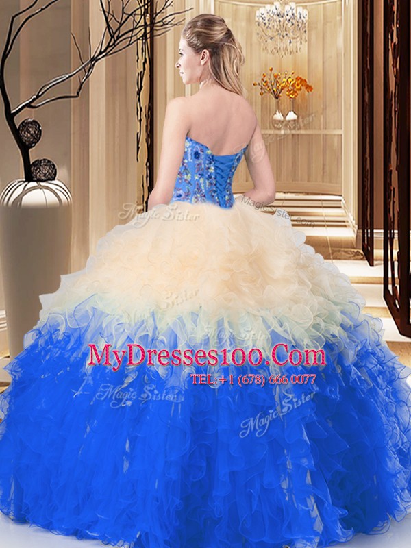 Fantastic Blue And White Sleeveless Embroidery and Ruffles Floor Length Quinceanera Dresses