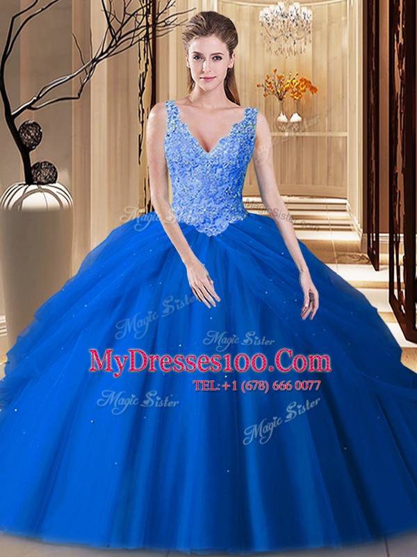 High Quality Pick Ups Blue Sleeveless Tulle Backless Sweet 16 Dress for Military Ball and Sweet 16 and Quinceanera