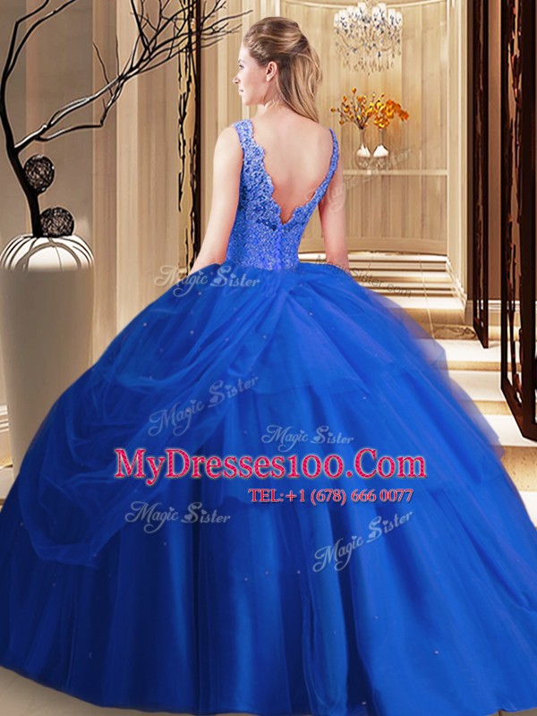 High Quality Pick Ups Blue Sleeveless Tulle Backless Sweet 16 Dress for Military Ball and Sweet 16 and Quinceanera