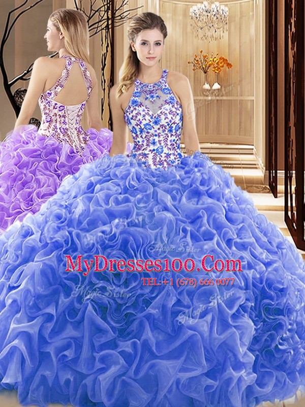 Blue Ball Gowns Embroidery and Ruffles Quince Ball Gowns Backless Organza Sleeveless