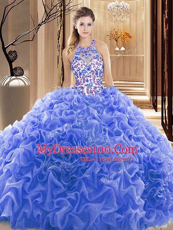 Blue Ball Gowns Embroidery and Ruffles Quince Ball Gowns Backless Organza Sleeveless