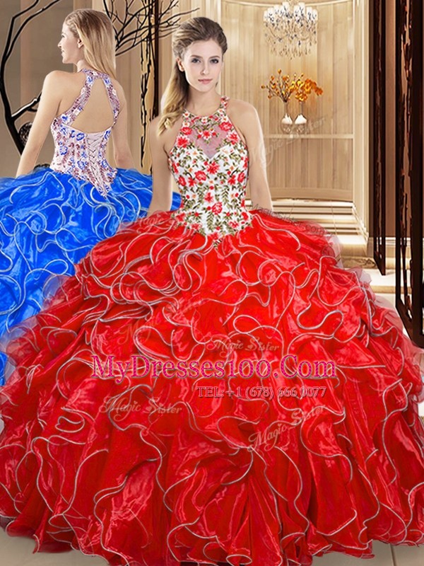 Pretty Scoop Floor Length Backless 15th Birthday Dress Coral Red for Military Ball and Sweet 16 with Embroidery and Ruffles