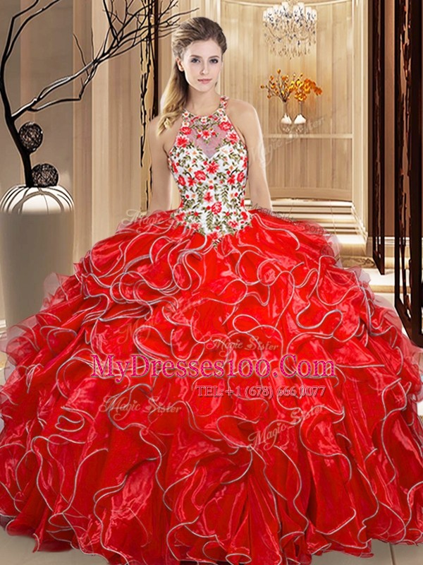 Pretty Scoop Floor Length Backless 15th Birthday Dress Coral Red for Military Ball and Sweet 16 with Embroidery and Ruffles