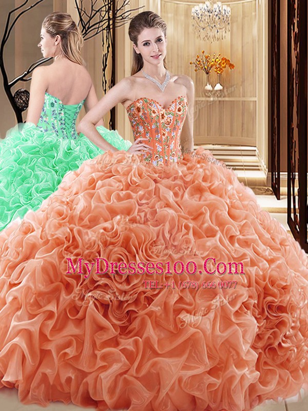 Delicate Orange Sweetheart Lace Up Embroidery and Ruffles and Pick Ups Quinceanera Gown Sleeveless