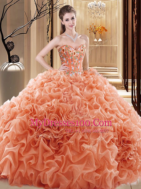 Delicate Orange Sweetheart Lace Up Embroidery and Ruffles and Pick Ups Quinceanera Gown Sleeveless