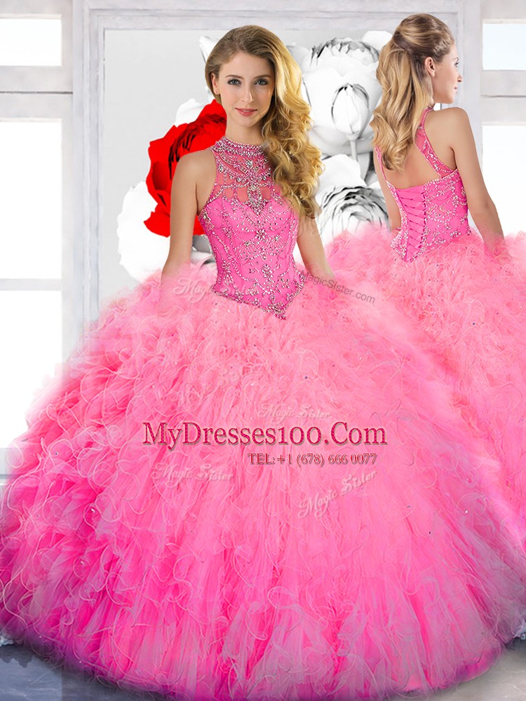 Latest Baby Pink Ball Gowns High-neck Sleeveless Tulle Floor Length Lace Up Beading Quinceanera Dress