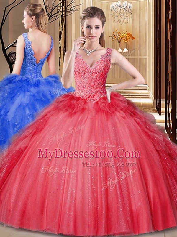 Captivating Appliques and Sequins and Pick Ups Sweet 16 Dress Red Backless Sleeveless Floor Length