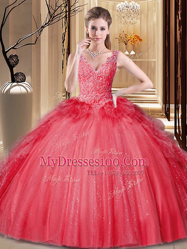 Captivating Appliques and Sequins and Pick Ups Sweet 16 Dress Red Backless Sleeveless Floor Length
