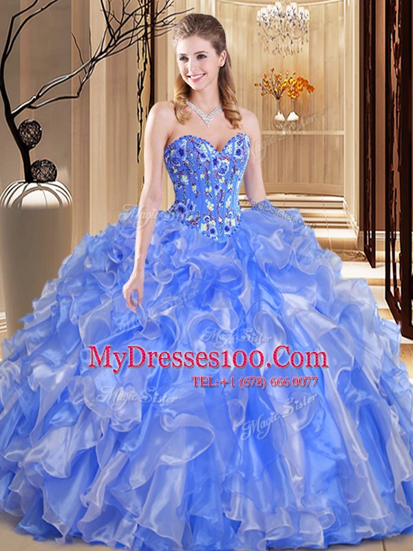 Romantic Floor Length Blue Sweet 16 Dresses Organza Sleeveless Beading and Embroidery and Ruffles