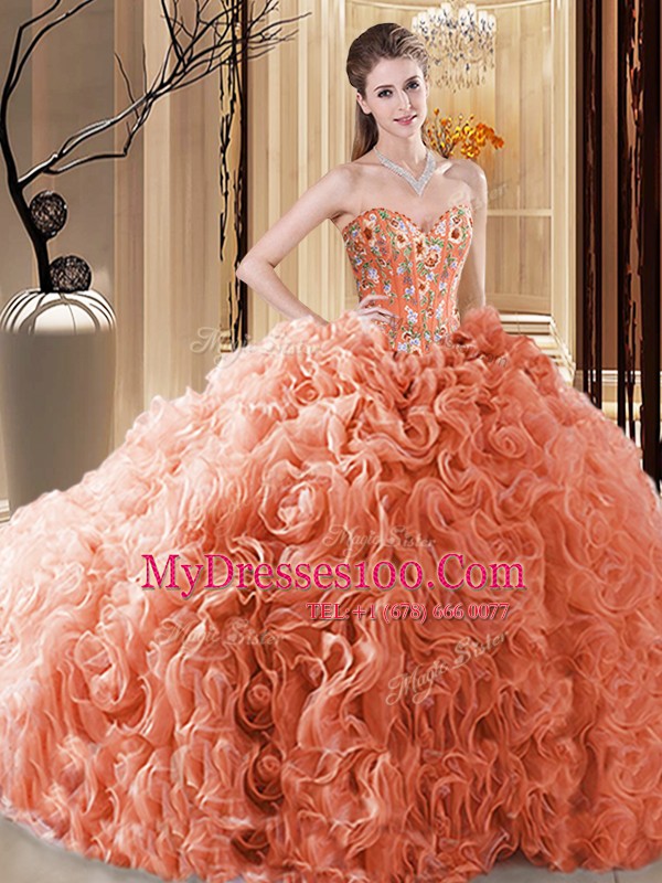 Orange Sweetheart Lace Up Embroidery and Ruffles Sweet 16 Quinceanera Dress Sleeveless