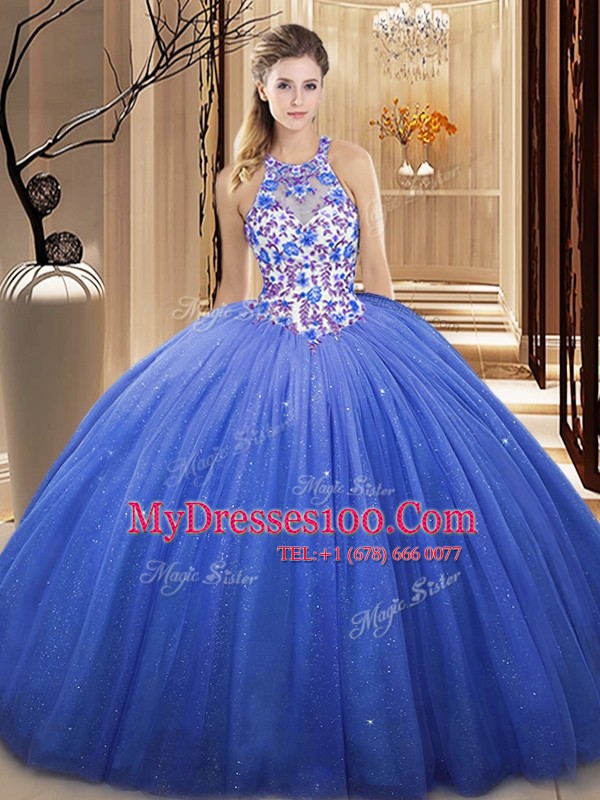 Best Selling Floor Length Blue Vestidos de Quinceanera Tulle Sleeveless Lace and Appliques