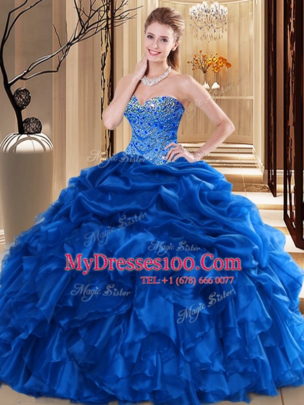 Luxury Pick Ups Royal Blue Sleeveless Organza Lace Up 15th Birthday Dress for Military Ball and Sweet 16 and Quinceanera