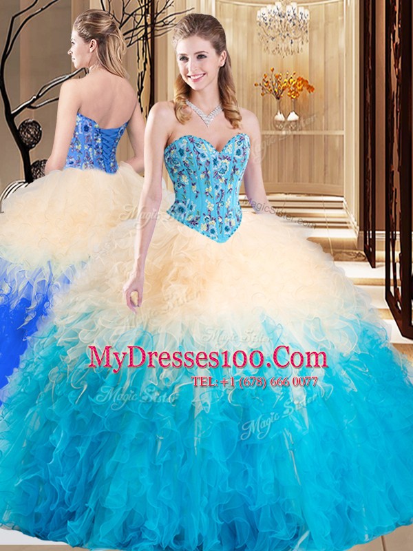 Embroidery and Ruffles Quinceanera Gown Multi-color Lace Up Sleeveless Floor Length