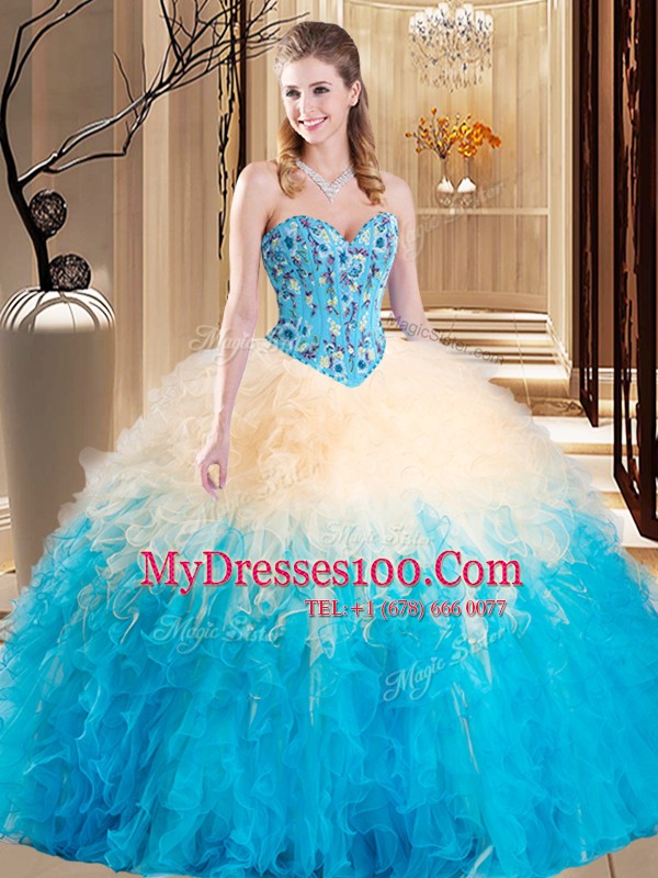 Embroidery and Ruffles Quinceanera Gown Multi-color Lace Up Sleeveless Floor Length