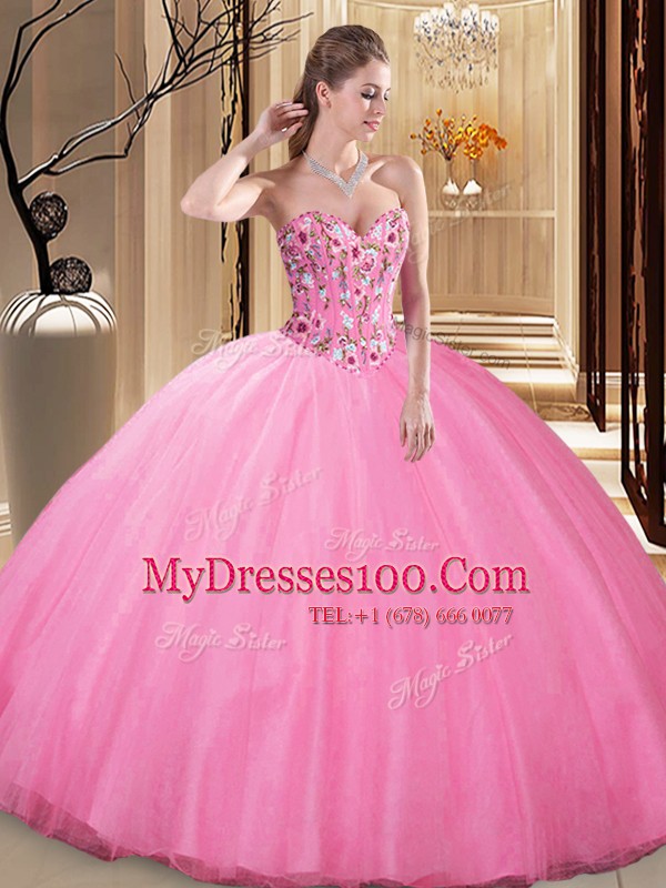 Sweet Rose Pink Sleeveless Tulle Lace Up Quinceanera Gowns for Prom and Military Ball and Sweet 16