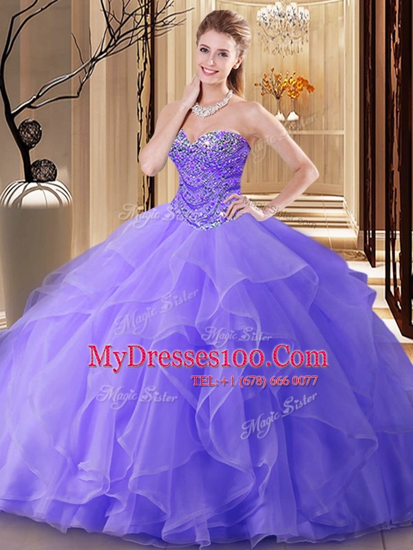 Lavender Sweetheart Neckline Beading Quince Ball Gowns Sleeveless Lace Up
