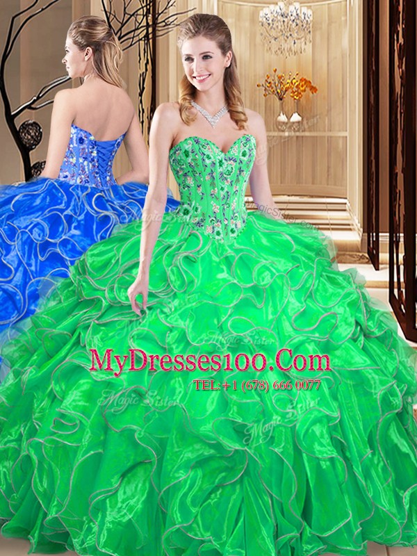 Green Organza Lace Up Vestidos de Quinceanera Sleeveless Floor Length Embroidery and Ruffles
