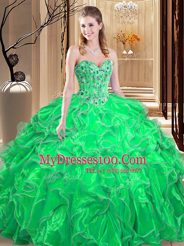 Green Organza Lace Up Vestidos de Quinceanera Sleeveless Floor Length Embroidery and Ruffles