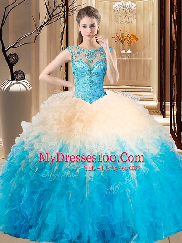 Luxury Floor Length Multi-color 15th Birthday Dress High-neck Sleeveless Backless