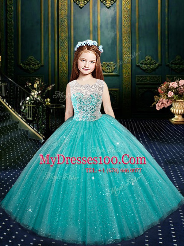 Aqua Blue High-neck Lace Up Lace 15 Quinceanera Dress Sleeveless
