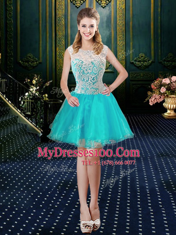 Aqua Blue High-neck Lace Up Lace 15 Quinceanera Dress Sleeveless