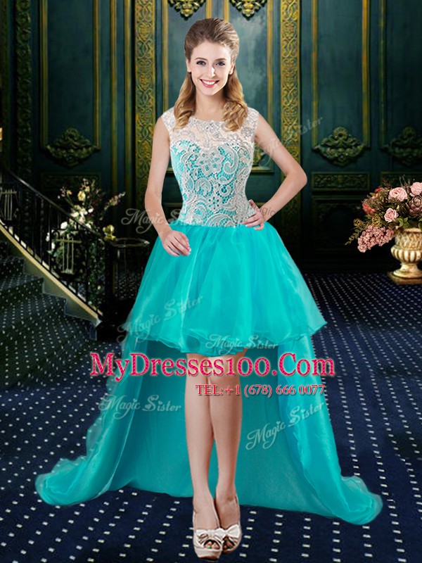 Aqua Blue High-neck Lace Up Lace 15 Quinceanera Dress Sleeveless