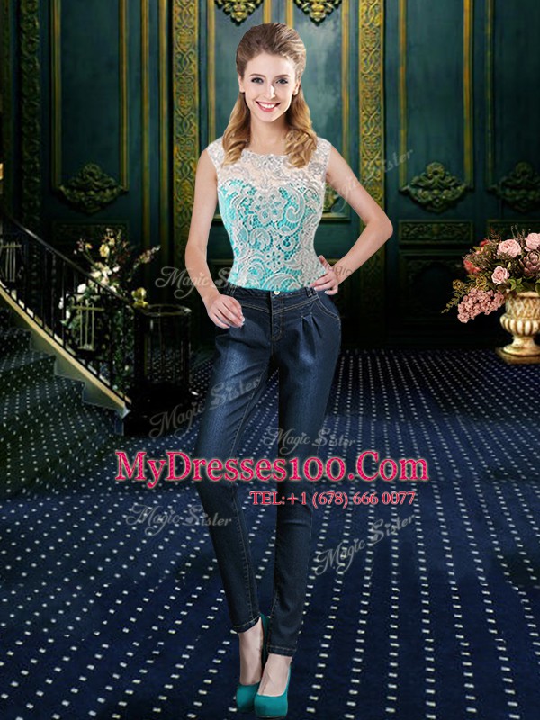 Aqua Blue High-neck Lace Up Lace 15 Quinceanera Dress Sleeveless