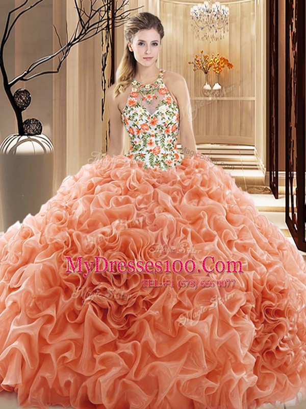 Sleeveless Court Train Backless Embroidery and Ruffles Quinceanera Dresses