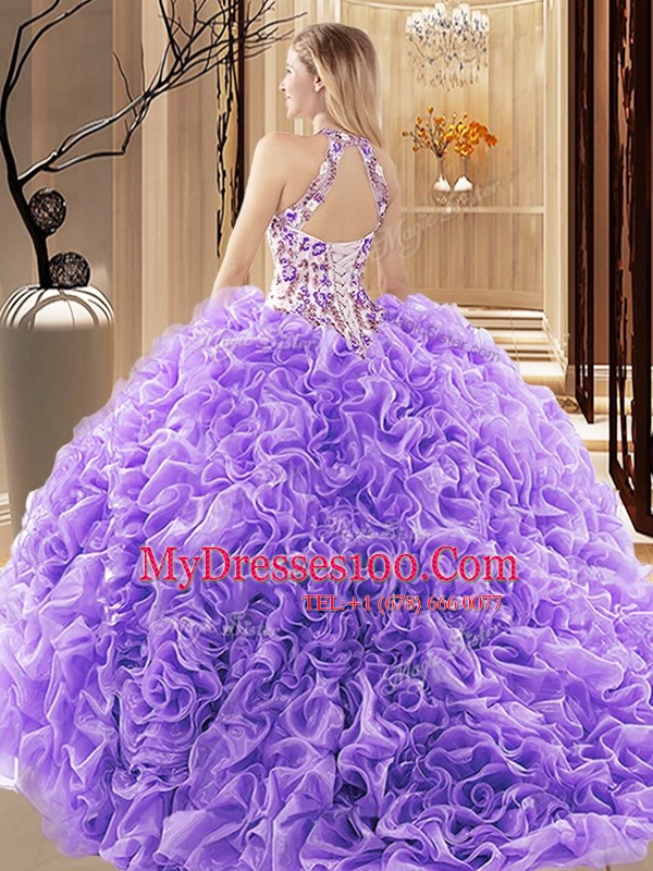 Sleeveless Court Train Backless Embroidery and Ruffles Quinceanera Dresses
