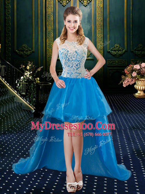 Modest Four Piece Floor Length Zipper Ball Gown Prom Dress Baby Blue for Military Ball and Sweet 16 and Quinceanera with Lace Brush Train