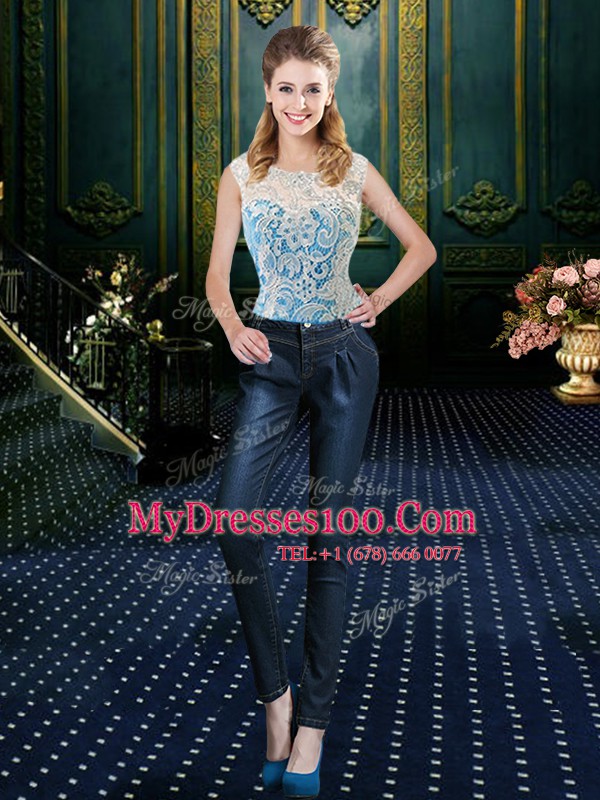 Modest Four Piece Floor Length Zipper Ball Gown Prom Dress Baby Blue for Military Ball and Sweet 16 and Quinceanera with Lace Brush Train