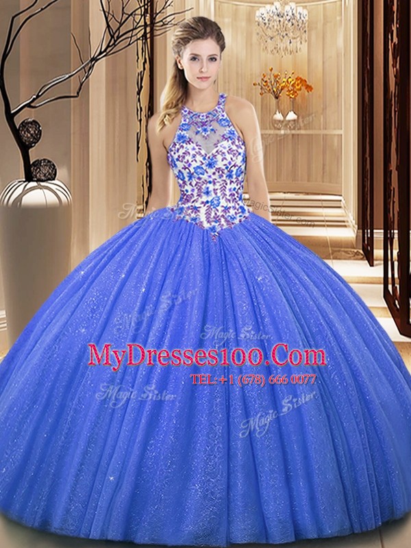 Blue Sleeveless Organza Lace Up 15th Birthday Dress for Military Ball and Sweet 16 and Quinceanera