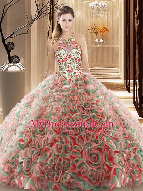 High End Criss Cross Sweet 16 Quinceanera Dress Multi-color for Military Ball and Sweet 16 and Quinceanera with Ruffles and Pattern Brush Train