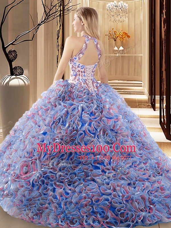 High End Criss Cross Sweet 16 Quinceanera Dress Multi-color for Military Ball and Sweet 16 and Quinceanera with Ruffles and Pattern Brush Train