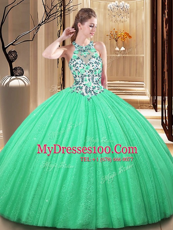 Glittering Green Ball Gowns Tulle High-neck Sleeveless Lace and Appliques Floor Length Lace Up 15 Quinceanera Dress